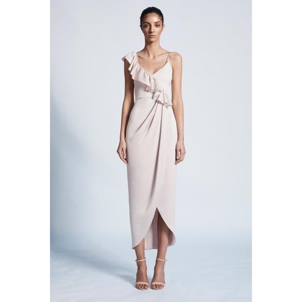 NWT SHONA JOY Luxe Asymmetrical Frill Maxi Dress